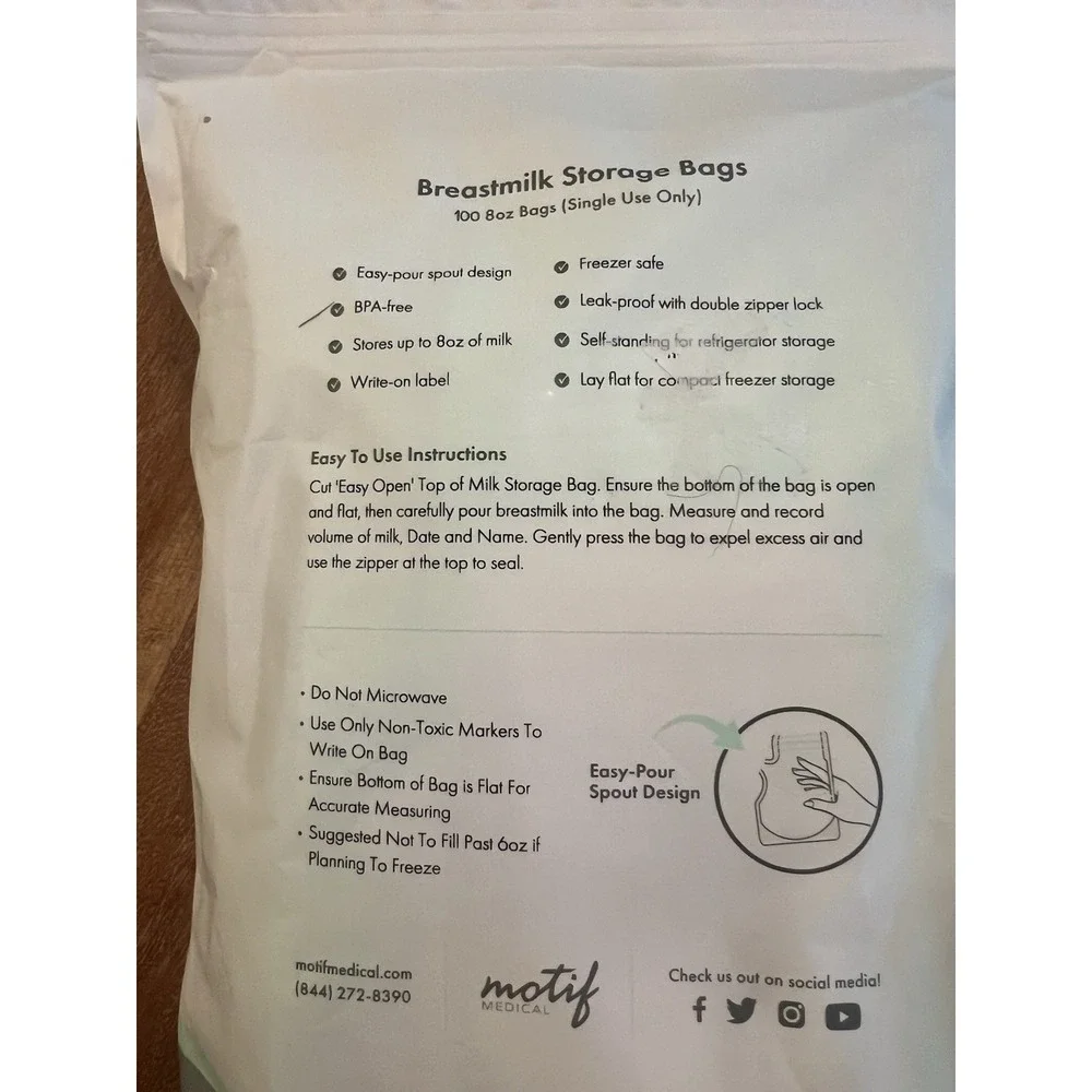 Motif Medical Milk Storage Bags 8 oz Milk Freezer w/Easy Pour Write-On 100 Count